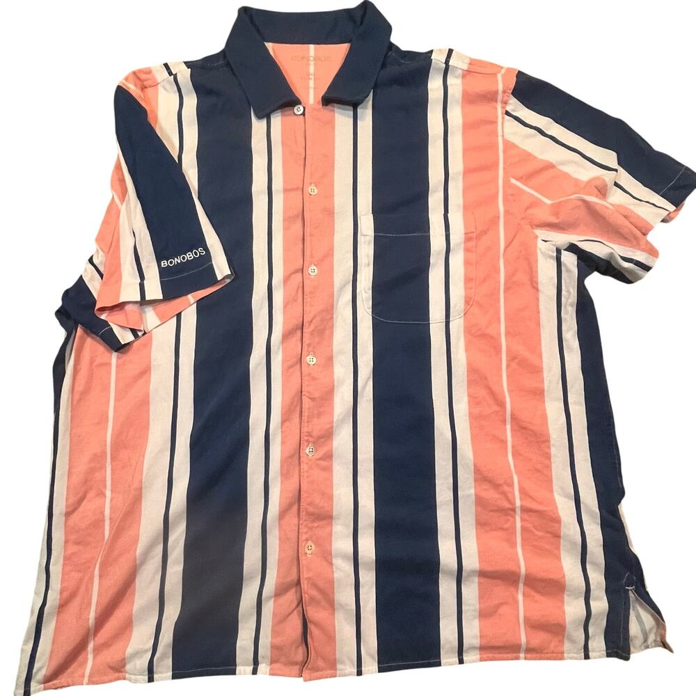 Bonobos Golf Performance Shirt Mens XXL Slim Fit Striped Short Sleeve Peach Blue